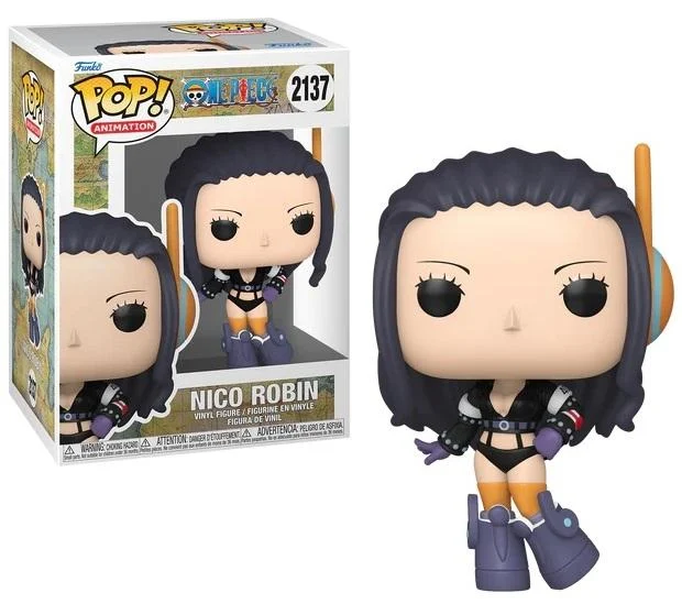 Figura Funko Pop de Nico Robin en negro y naranja, con caja.