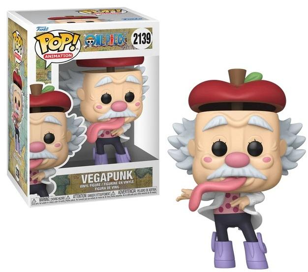 Un Funko Pop! de vinilo de Vegapunk de One Piece, con sombrero rojo y lengua larga.