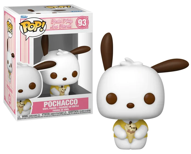 Una figura de vinilo blanca de Pochacco con orejas marrones sostiene un cono de helado.