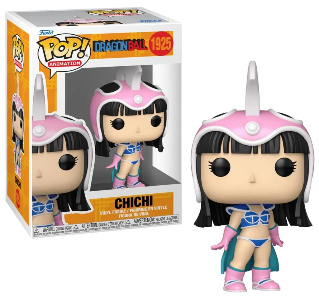 Una figura Funko Pop! de Chichi de Dragon Ball con armadura rosa y atuendo azul.