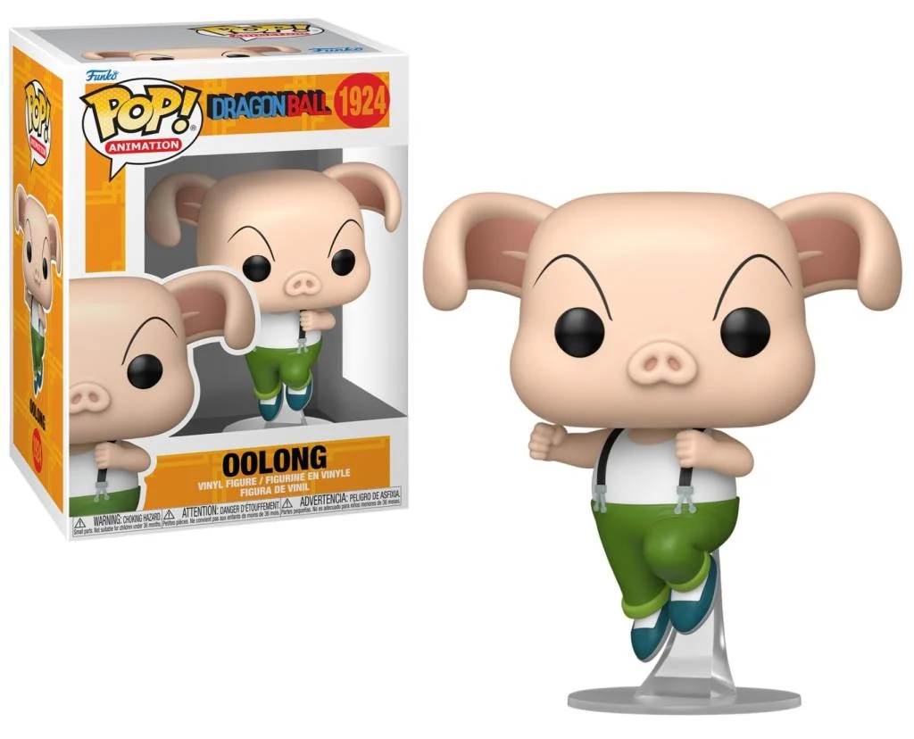 Una figura de vinilo Pop! de Oolong, de Dragon Ball Z, con pantalones verdes y camisa blanca.