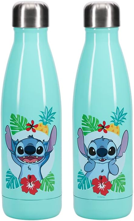 Dos botellas turquesas con Stitch y hojas tropicales.