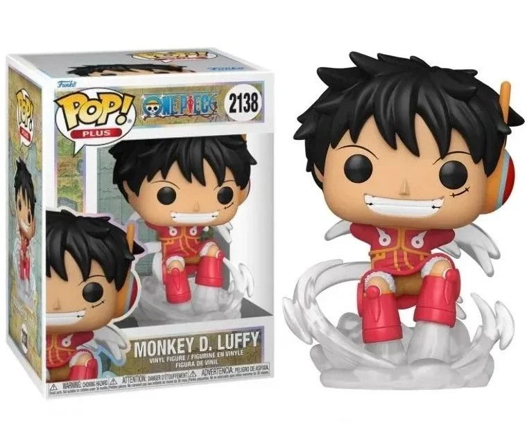Funko Pop! Figura de Monkey D. Luffy con traje rojo y amarillo, pelo negro, sentado sobre un efecto de nube blanca.