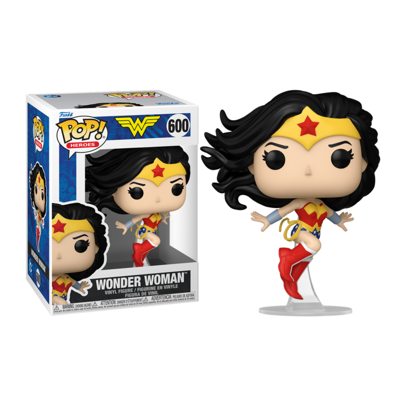 Figura de vinilo Funko Pop! Wonder Woman en su caja. Figura tiene pelo negro, botas rojas y accesorios dorados.