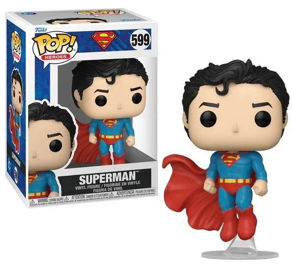 Figura Funko Pop! de Superman en caja y de pie. Traje azul, capa roja.