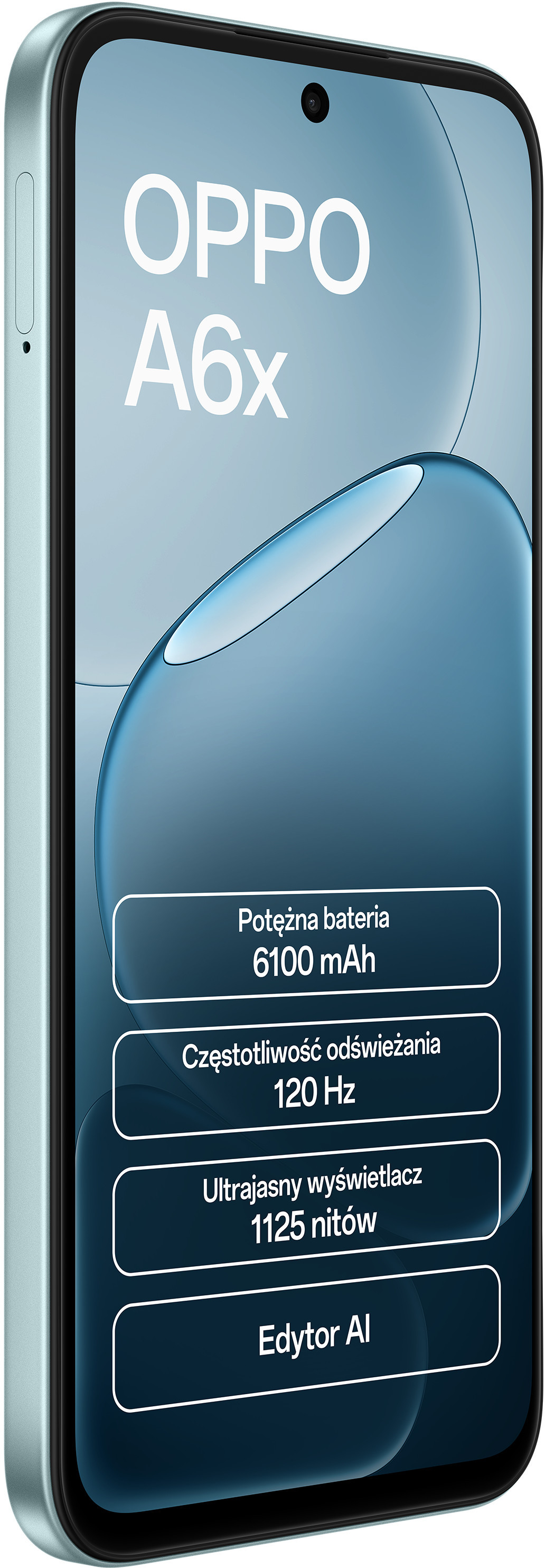Jasnoniebieski smartfon OPPO A6x z baterią 6100 mAh i ekranem 120 Hz.