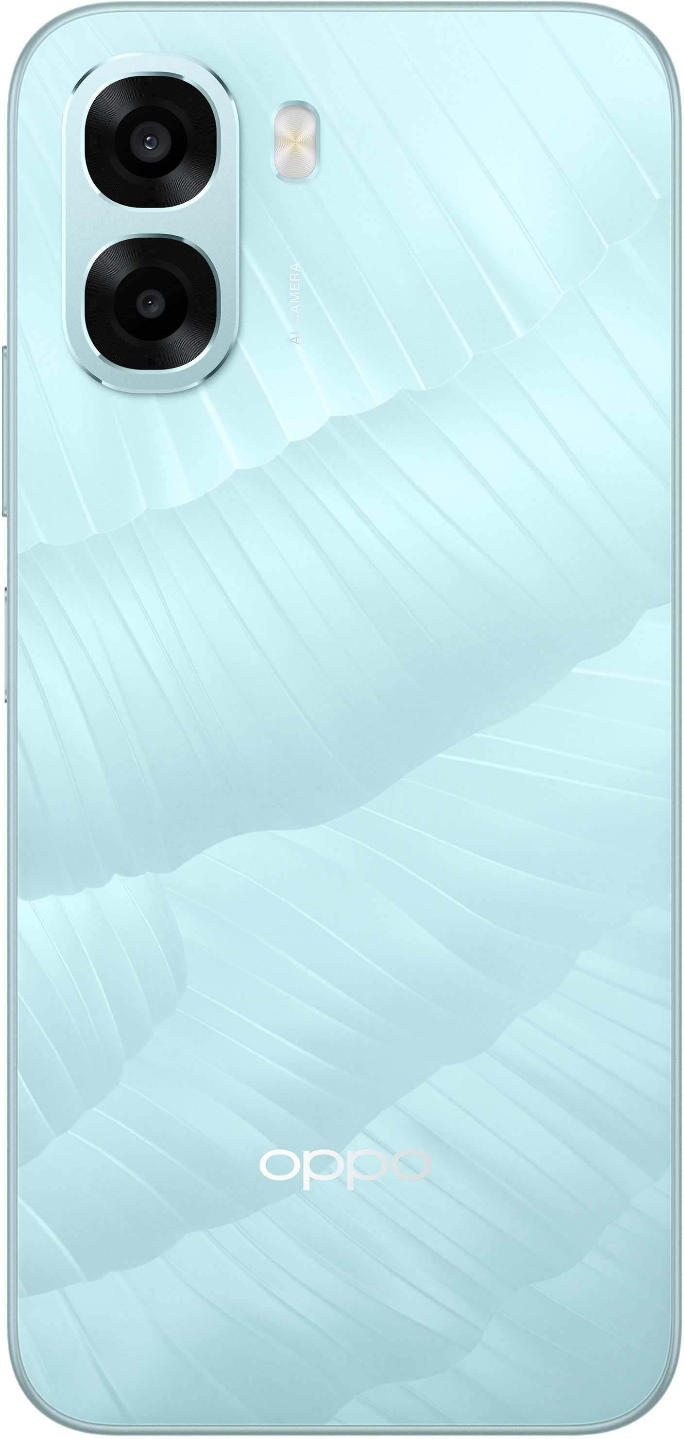 Turkusowy smartfon z podwójnym aparatem, lampą błyskową i logo "oppo" na tle.