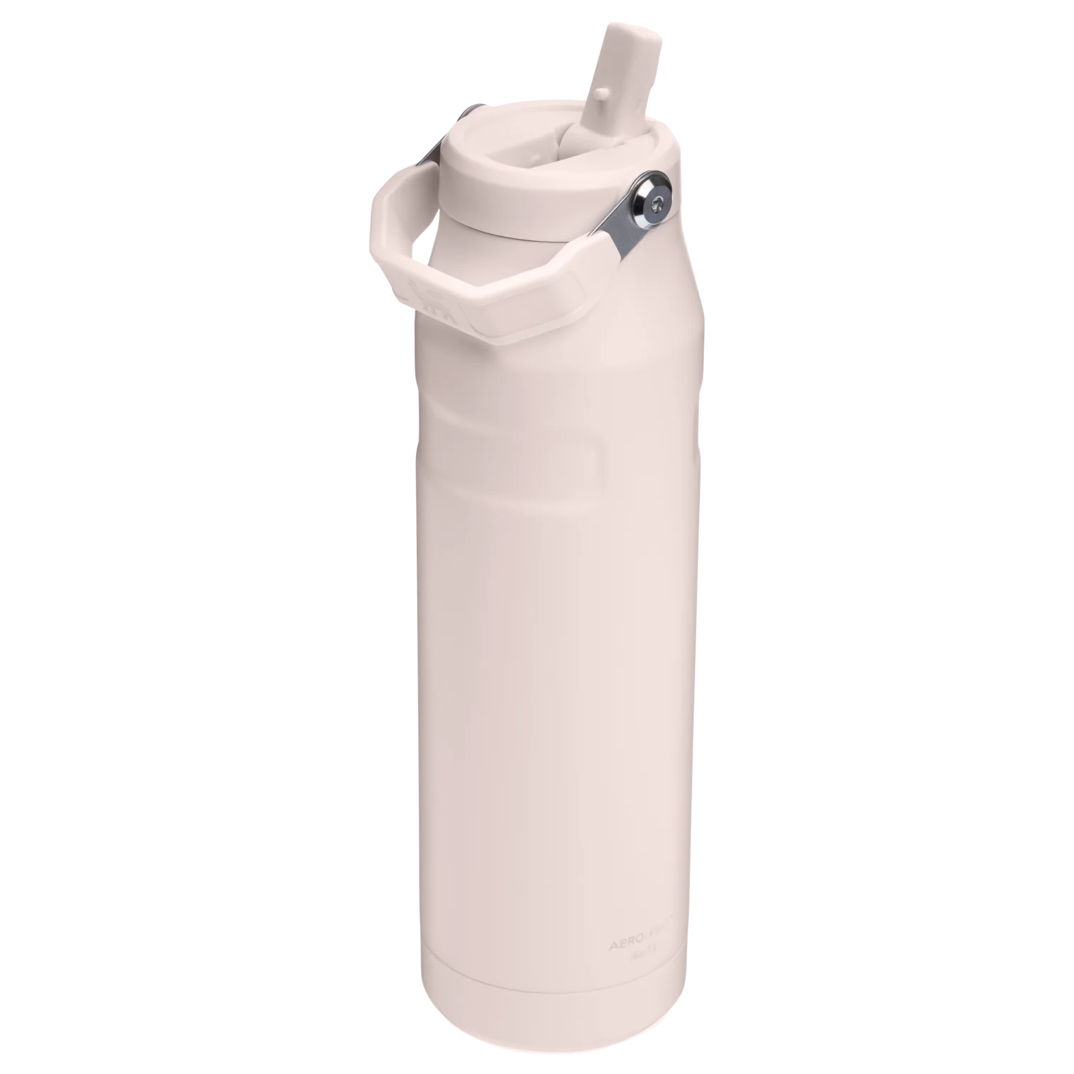 Saplı ve pipetli kapaklı soluk pembe su şişesi.