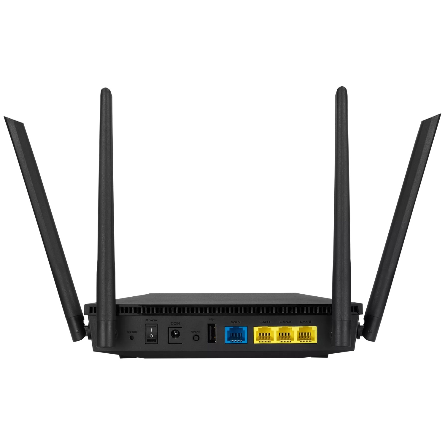 Black router with four antennas and ports for WAN, LAN, power, and reset.