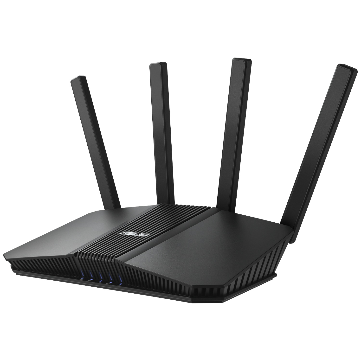 Black WiFi router with four antennas and blue LED indicator lights.