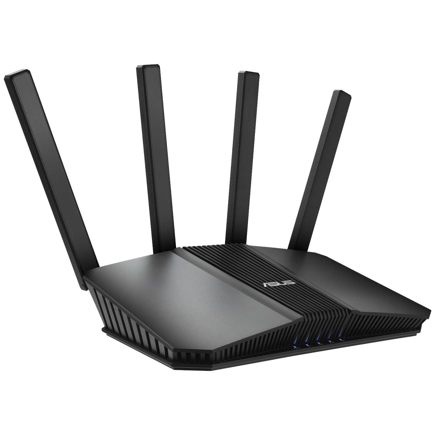 A black ASUS Wi-Fi router with four antennas stands on a white background, angled right, with blue indicator lights visible.