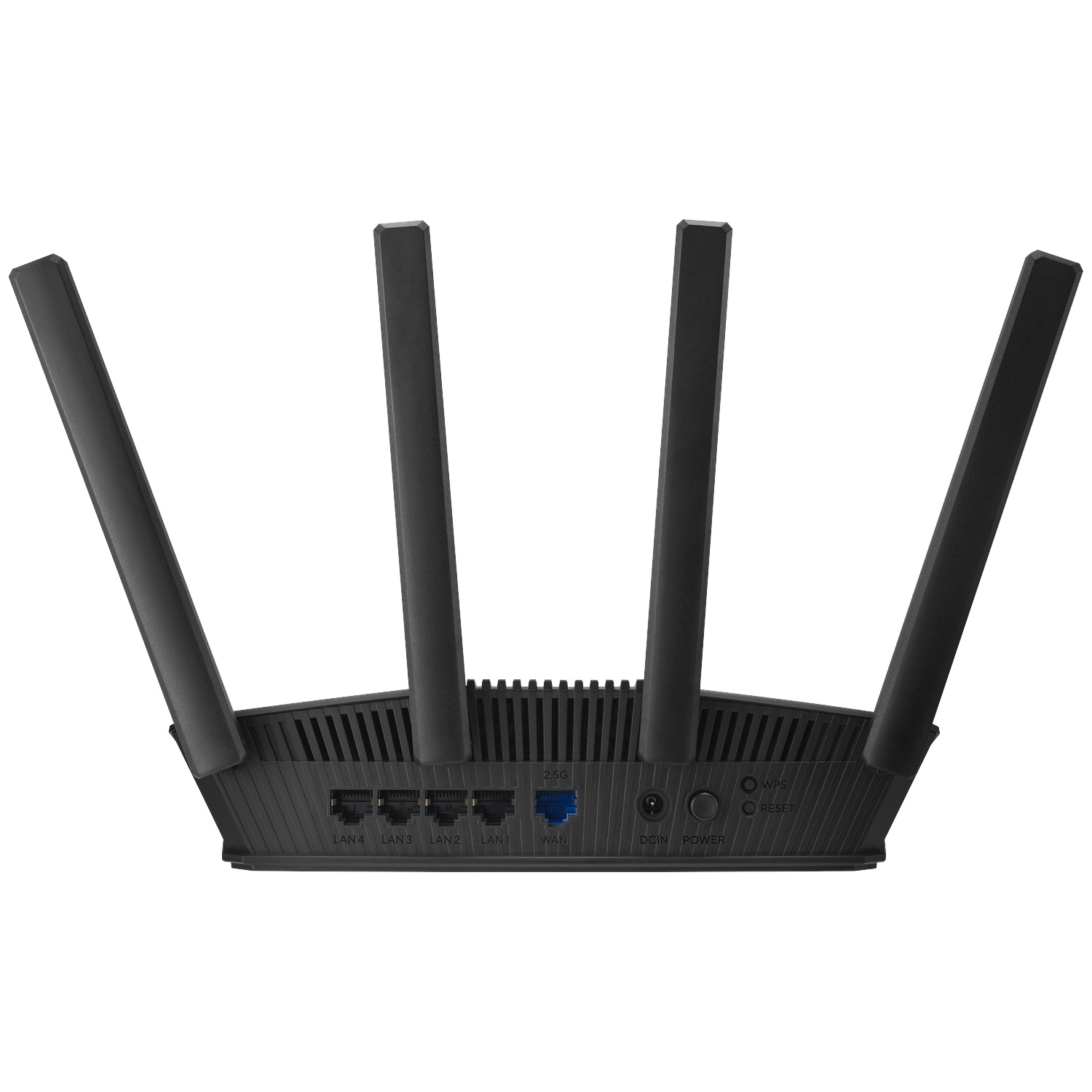 A black router with four antennas and multiple LAN ports.