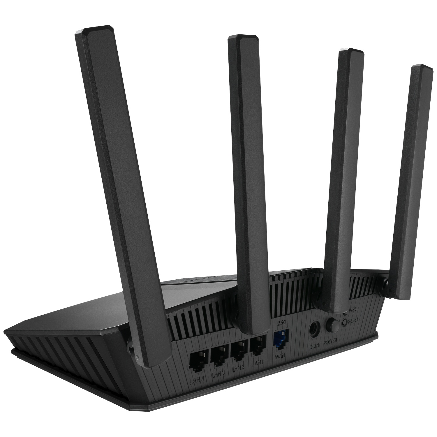 A black router with four antennas, LAN, and WAN ports.