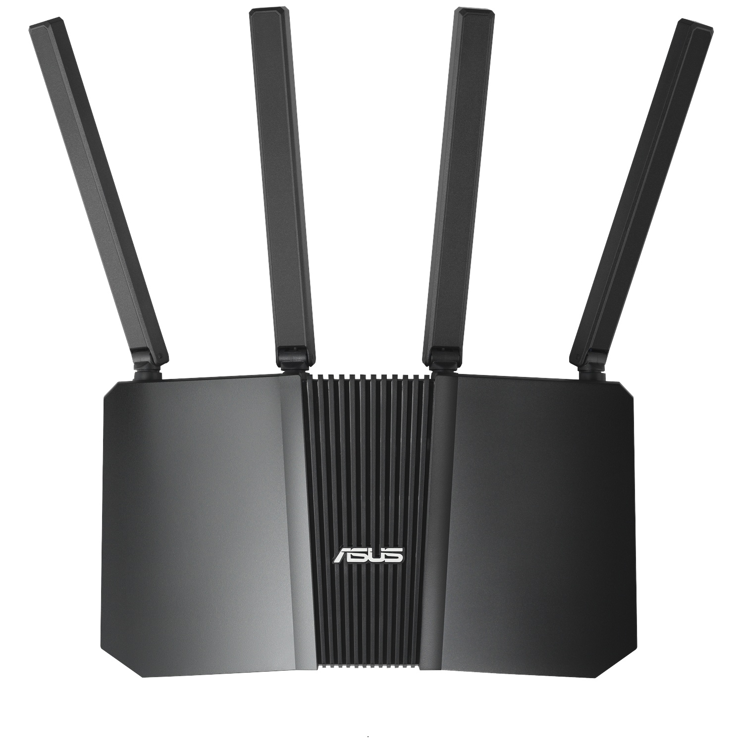 Black router with four antennas and ASUS logo on the front.