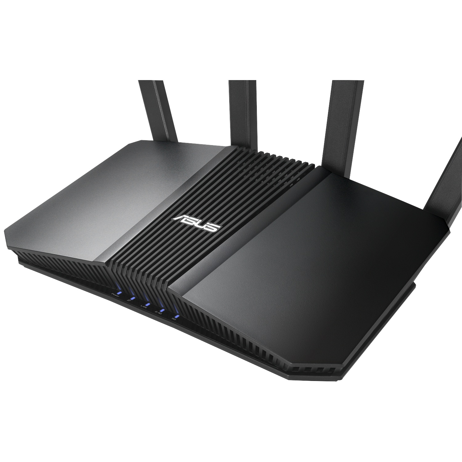 Black ASUS router with four antennas and blue status LEDs.