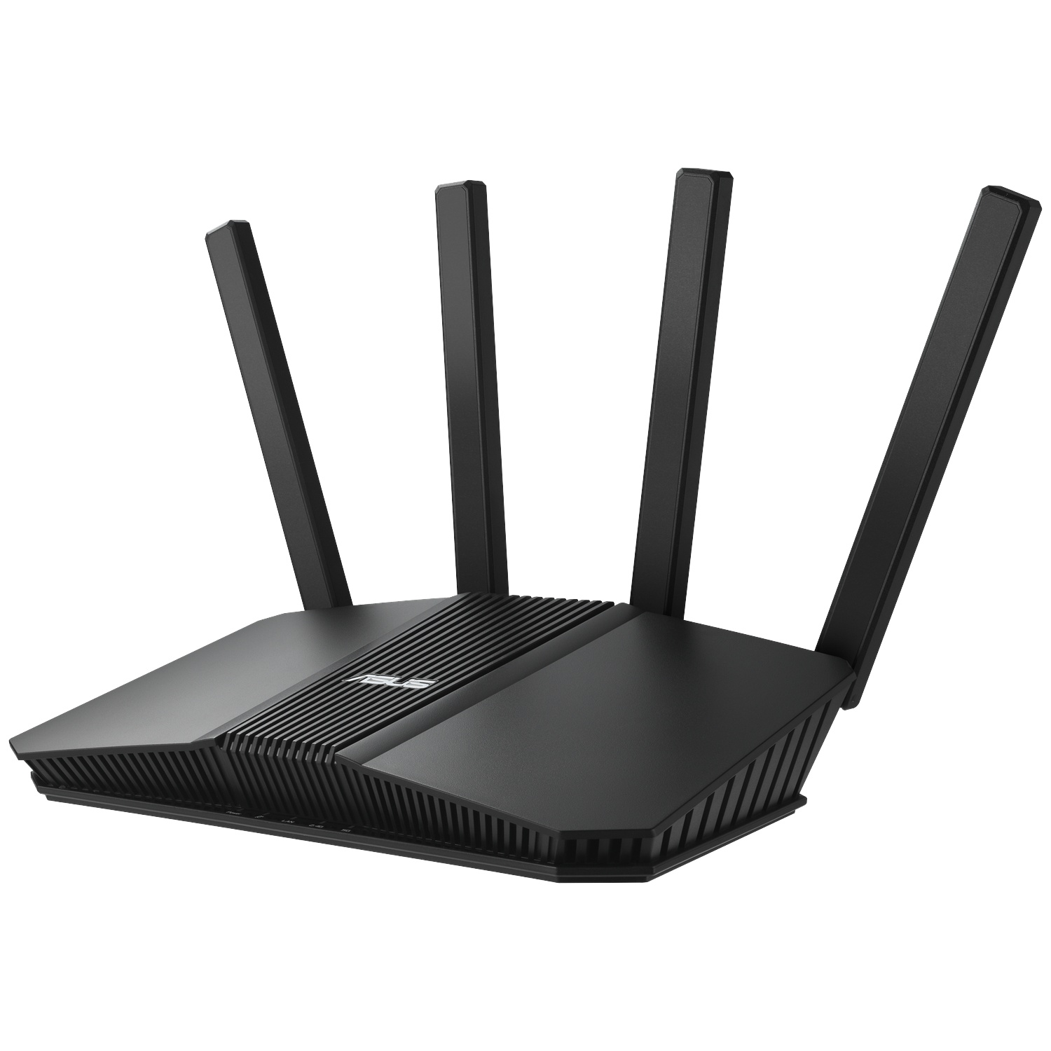 A black router with four antennas is shown against a white background.