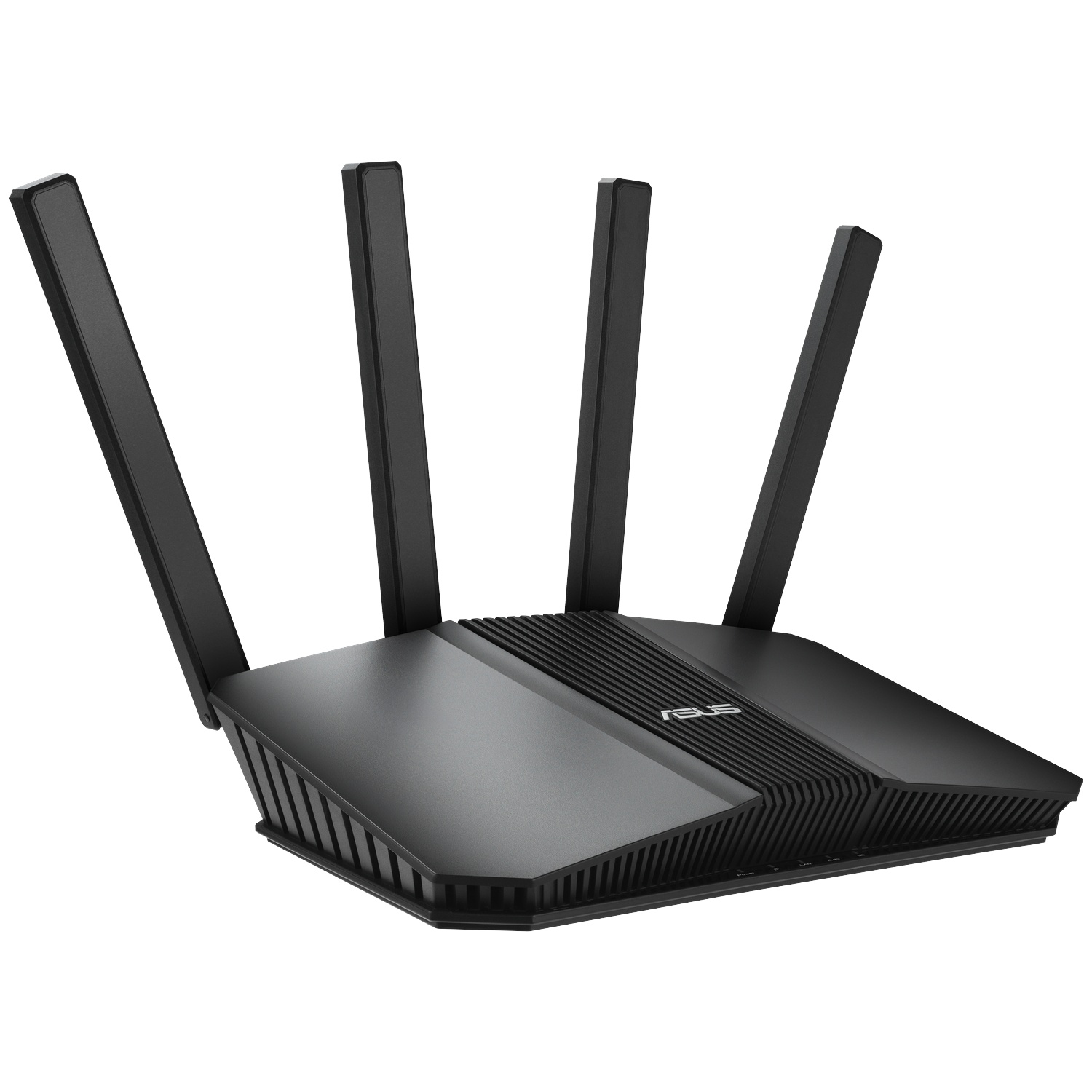 A black router with four antennas shown against a white background.