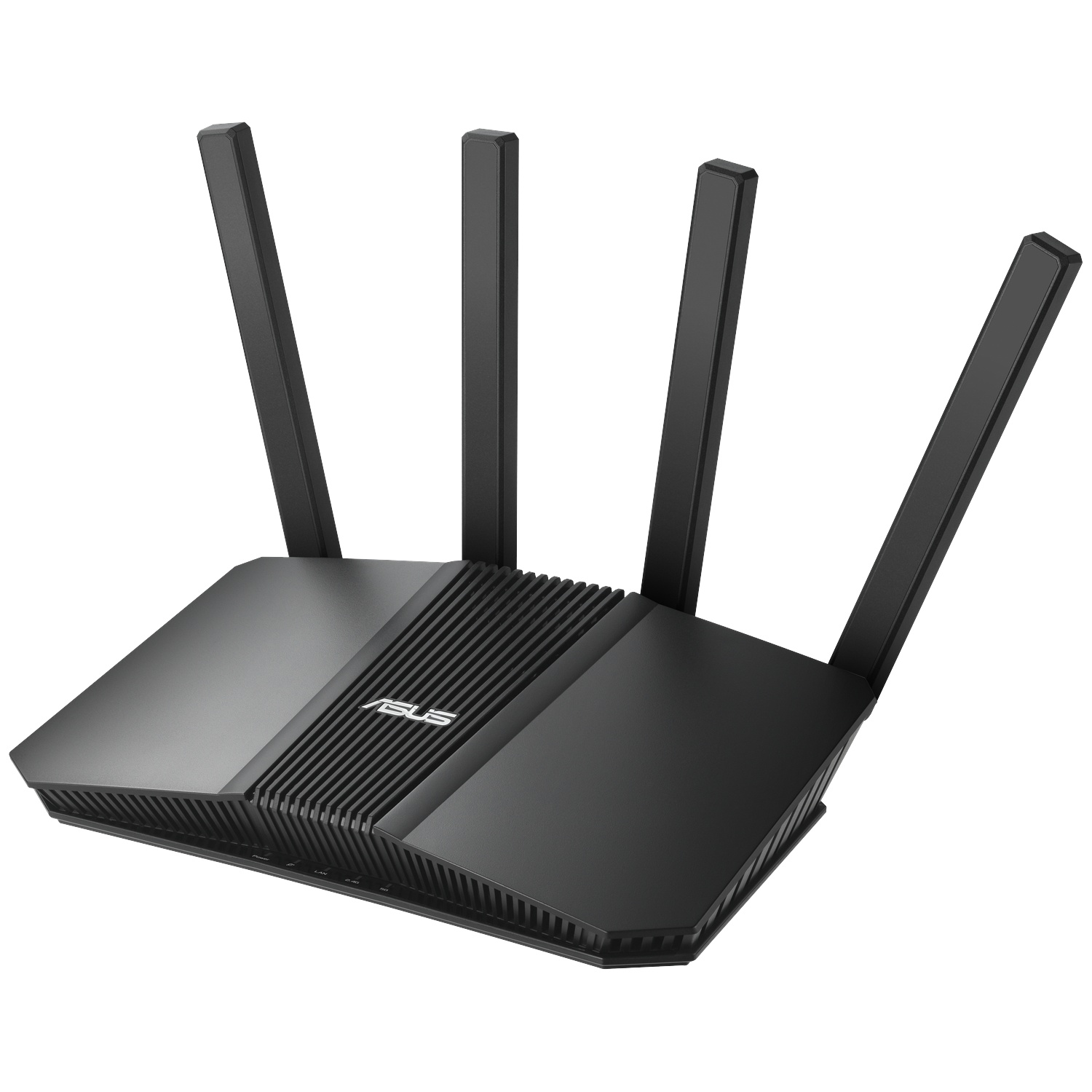 Black ASUS router with four antennas on a white background.