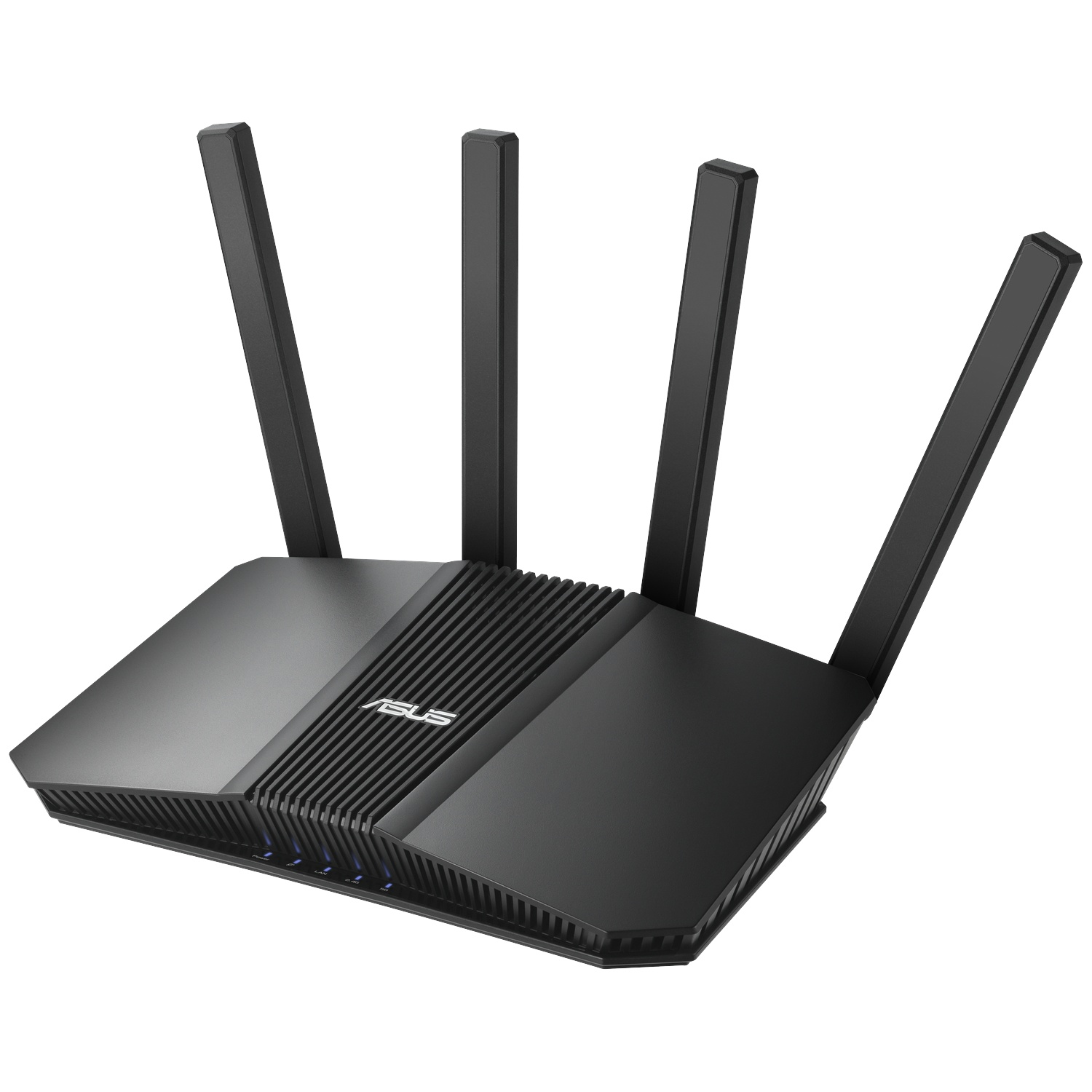 A black ASUS router with four antennas, isolated on a white background.