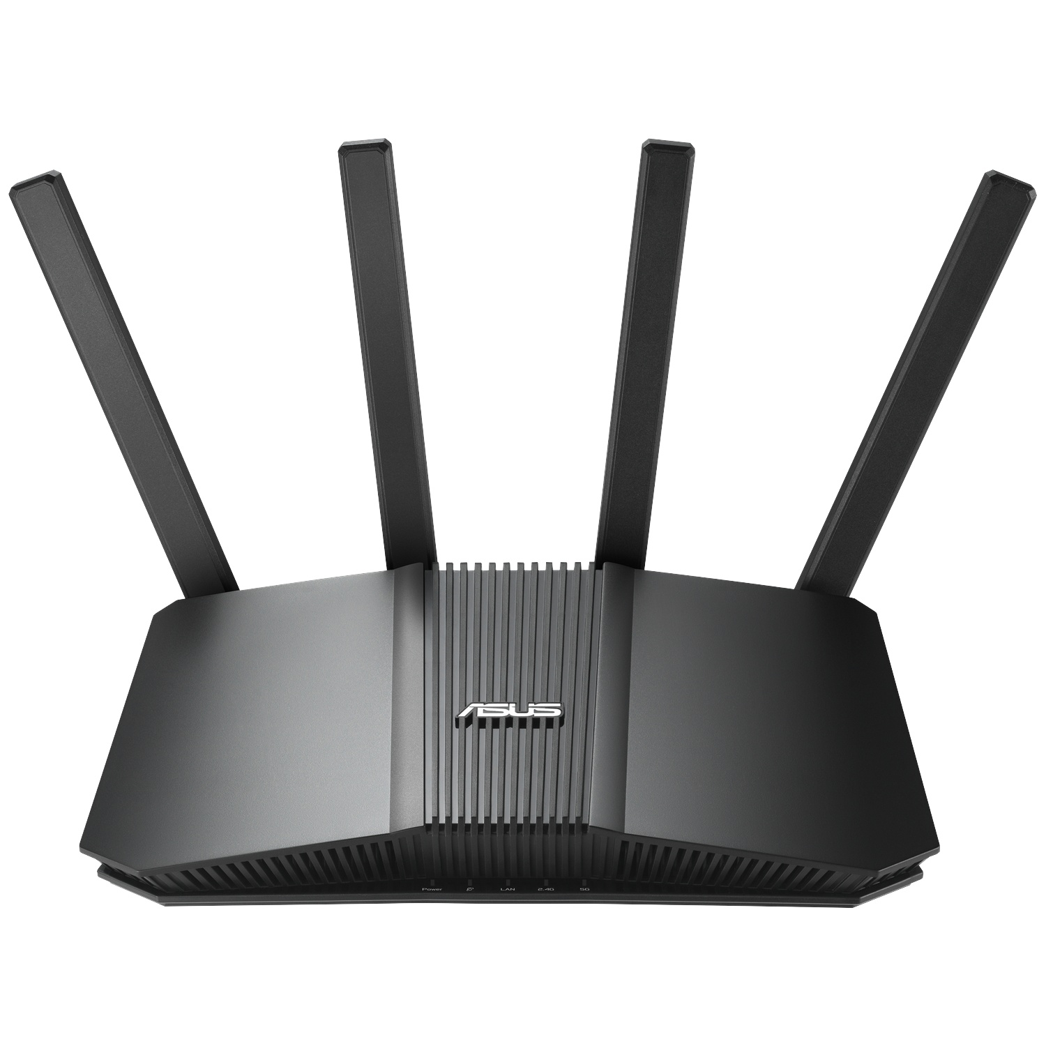A black ASUS router with four antennas is shown against a white background.