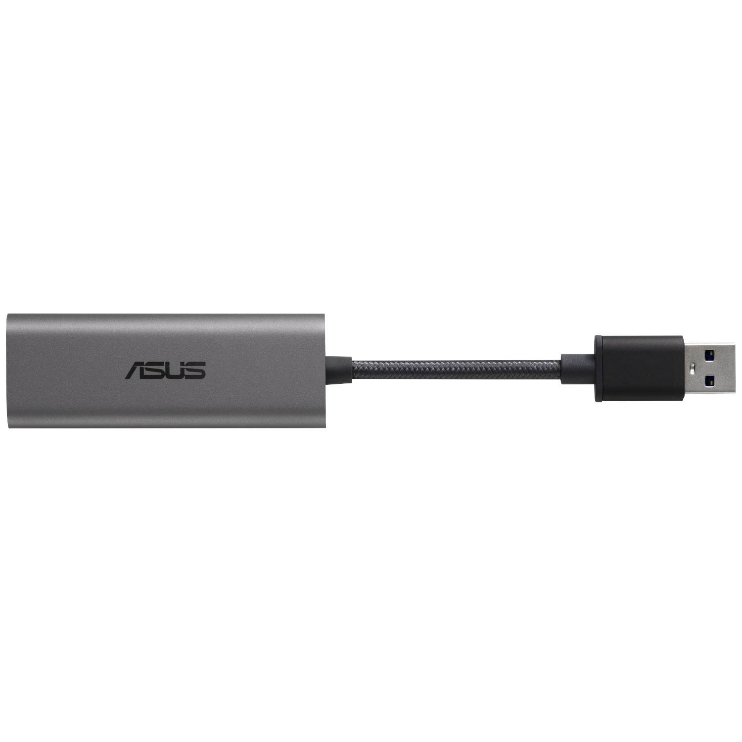 A gray ASUS branded USB-C to USB-A adapter with a braided cable on a white background.