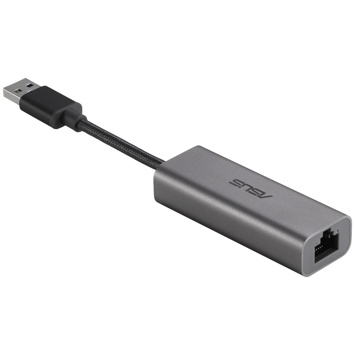 A gray ASUS USB Ethernet adapter with a braided cable and USB-A connector on one end and an Ethernet port on the other.