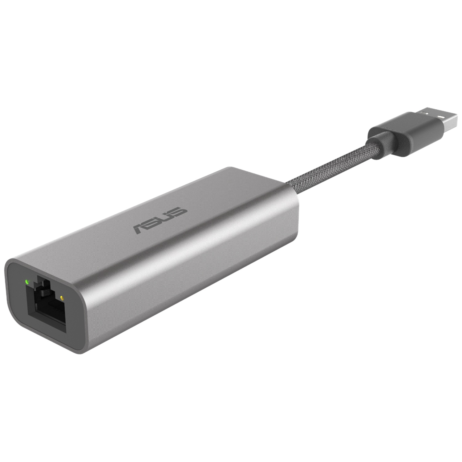 A silver USB to Ethernet adapter with a braided cable and a USB-A connector on a white background.
