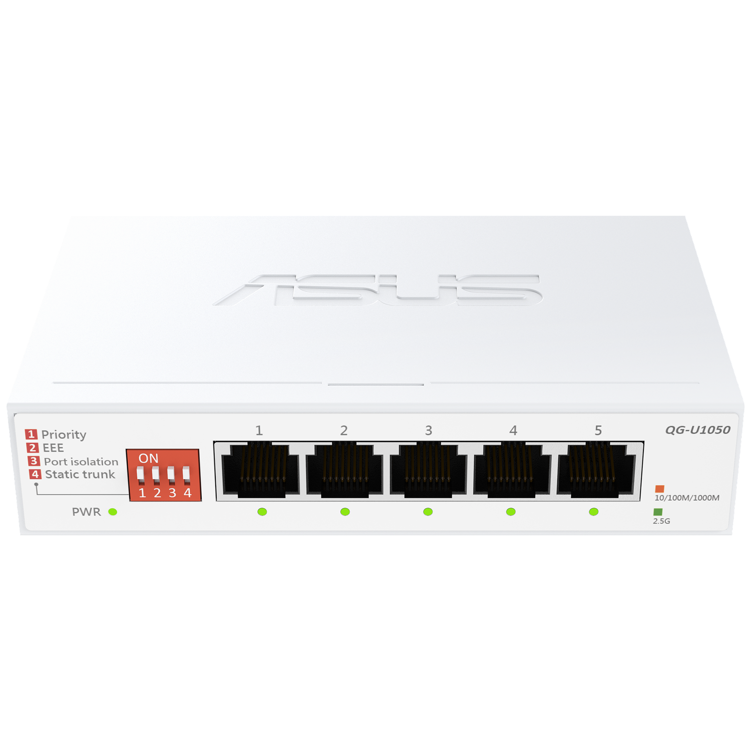 Witte Asus QG-U1050 netwerkswitch met 5 poorten. Voorzien van DIP-schakelaars en LED's.