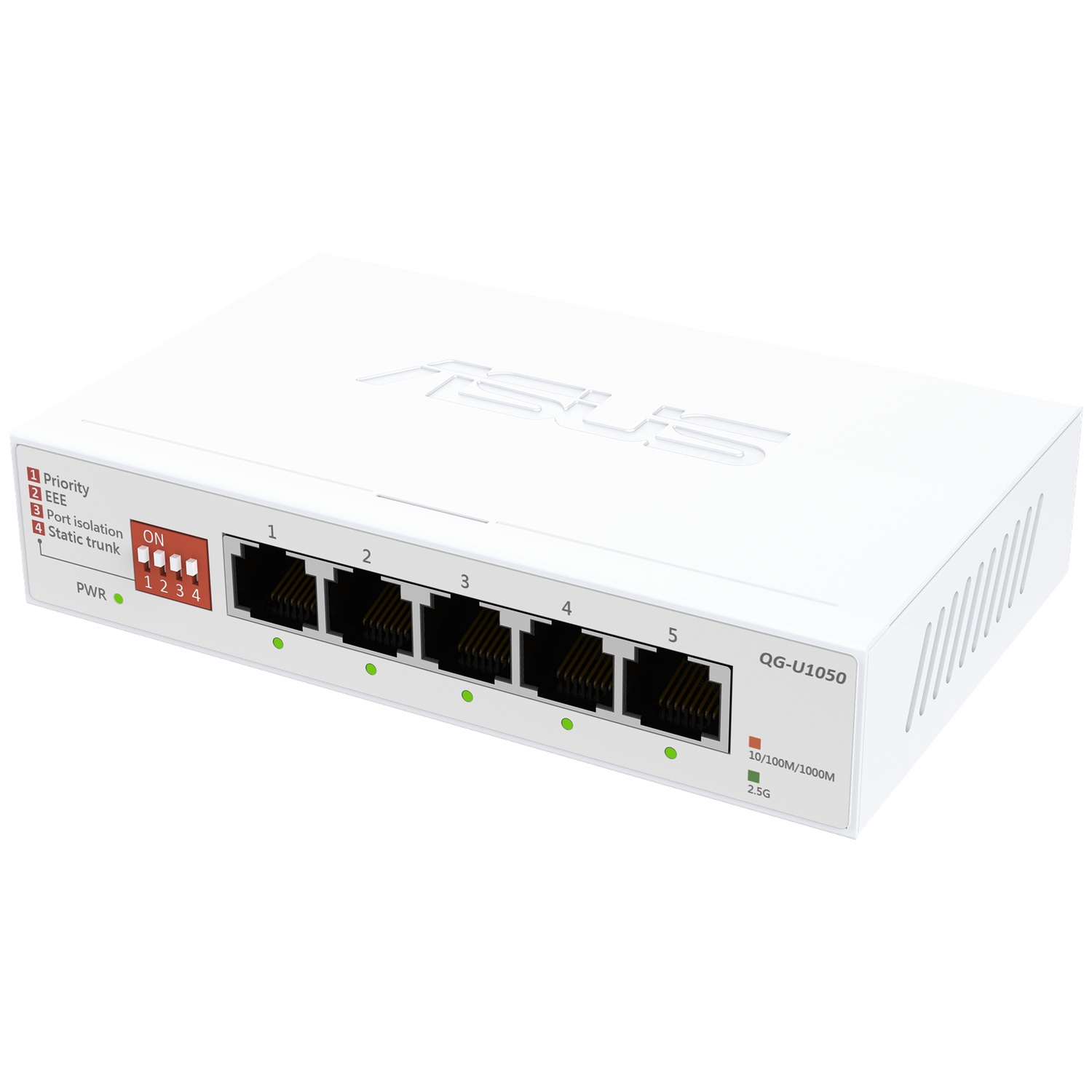 Een witte 5-poorts netwerkswitch met ASUS-logo. Poorten en LED's zichtbaar.
