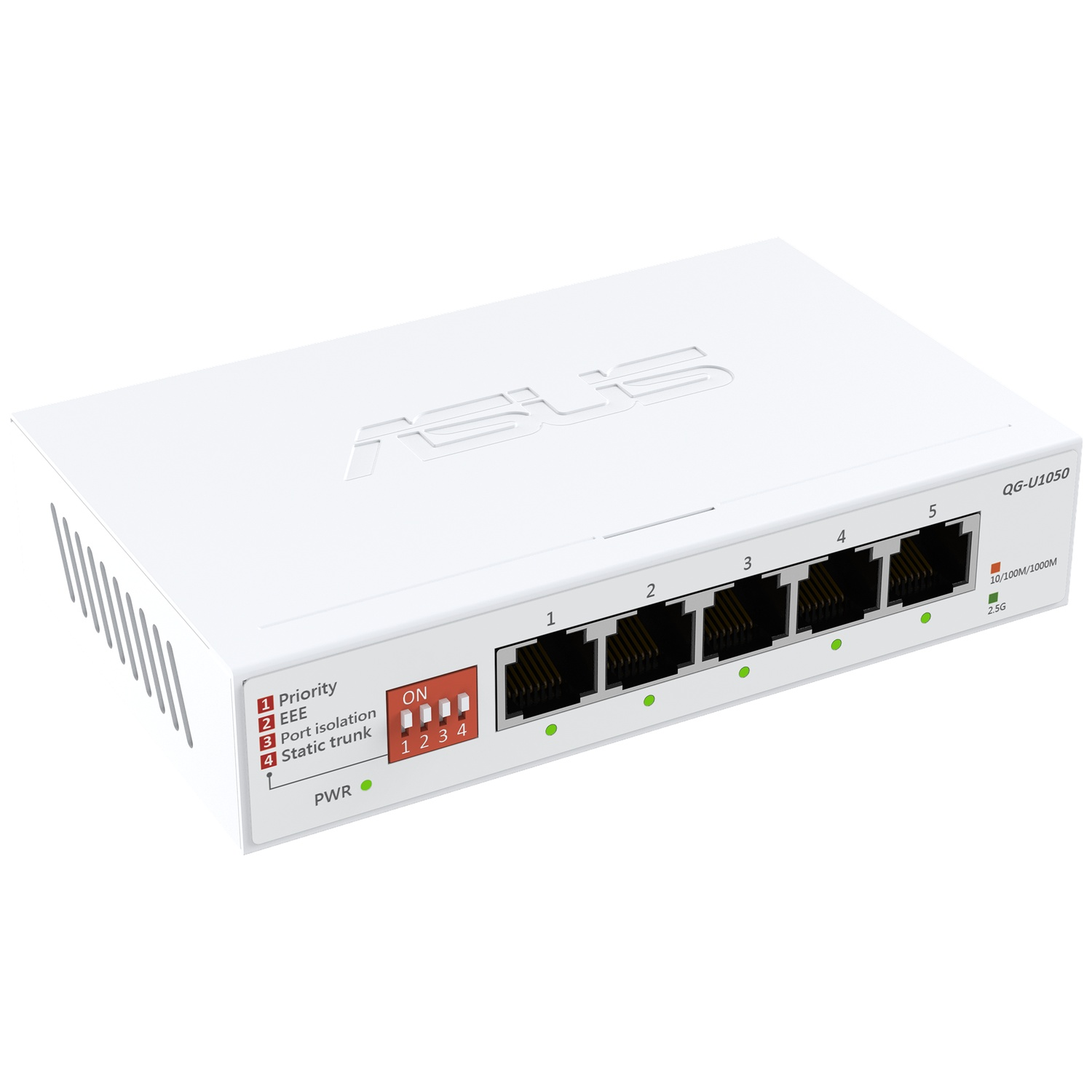 Witte ASUS 5-poorts netwerkswitch met LED's en schakelaars.