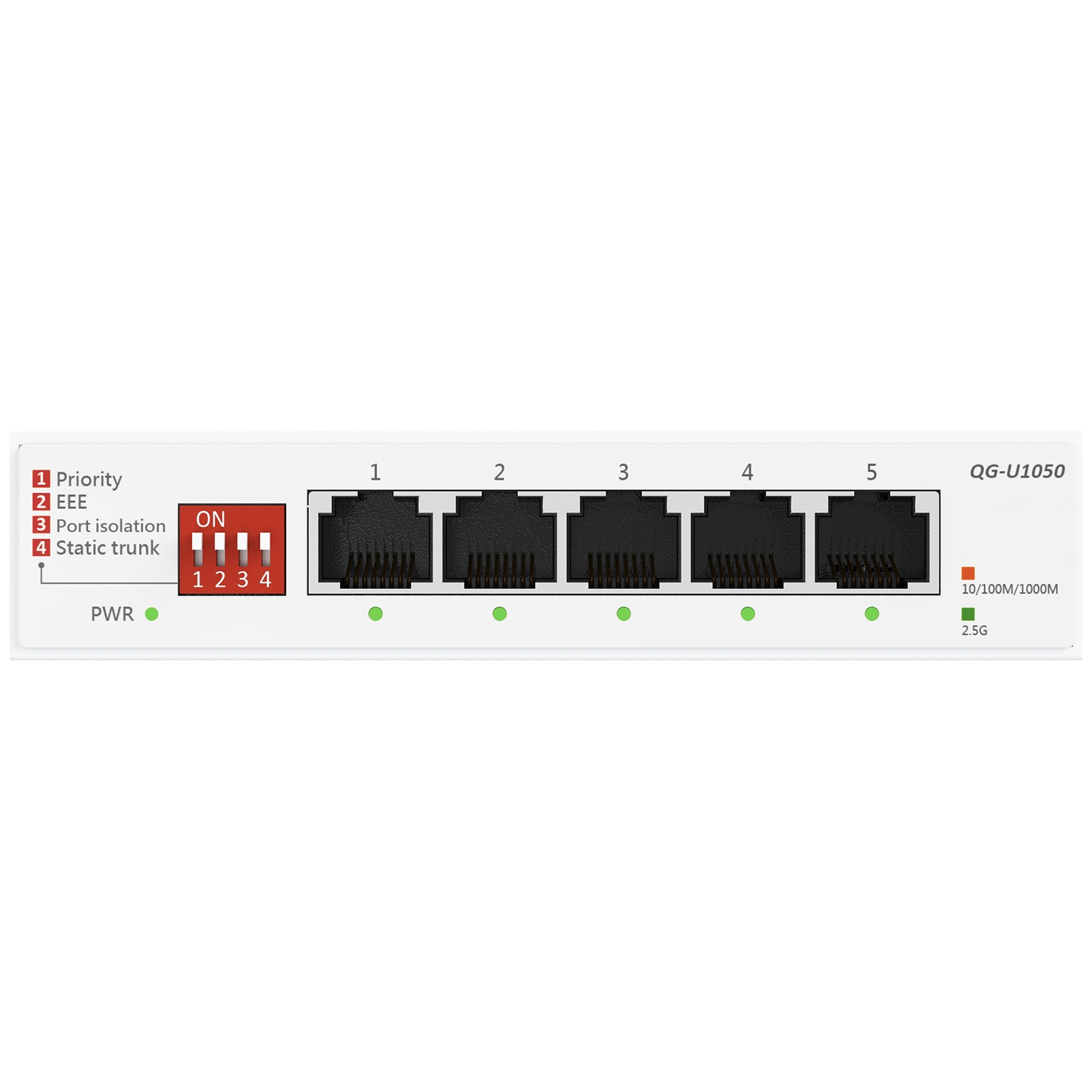 Een witte netwerkswitch met 5 poorten en labels.
