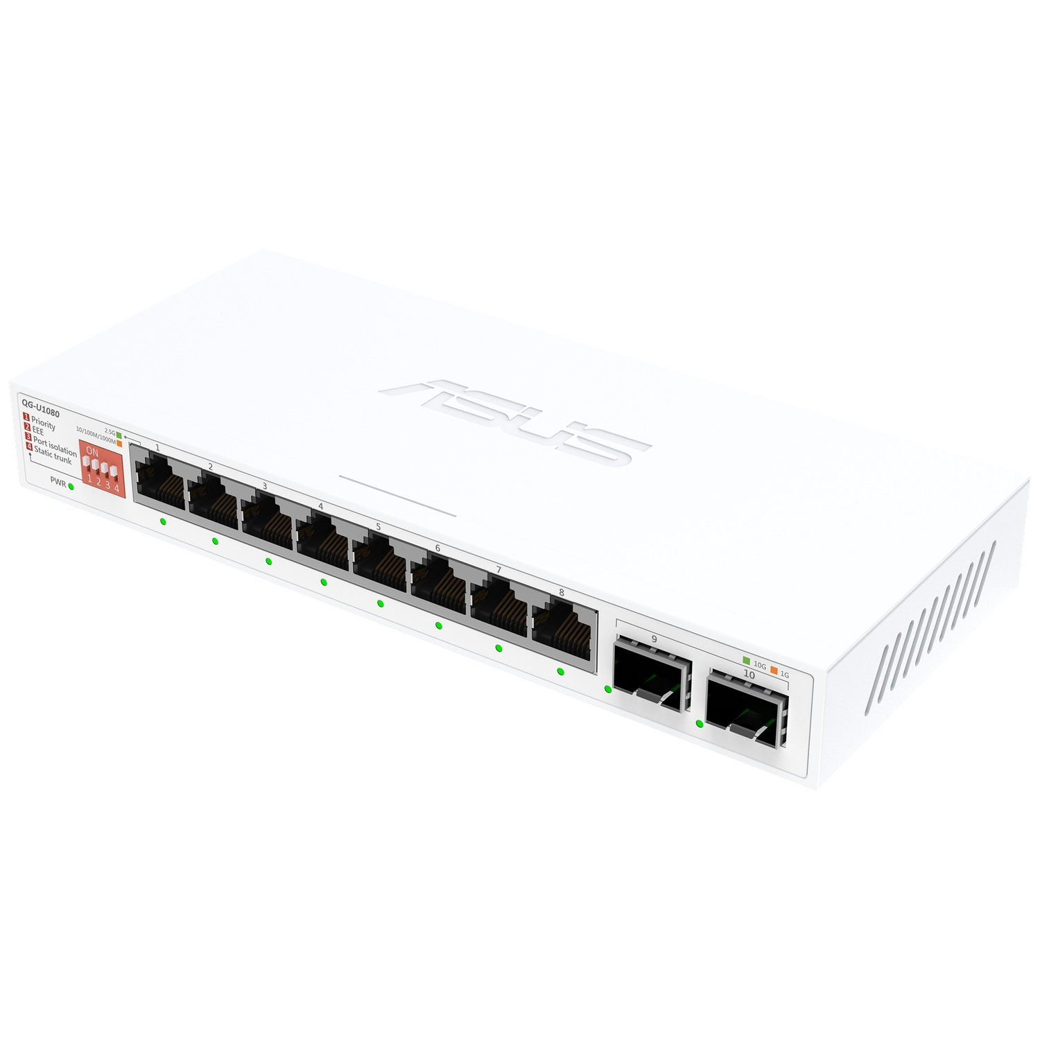 A white ASUS QG-U1080 10-port network switch.