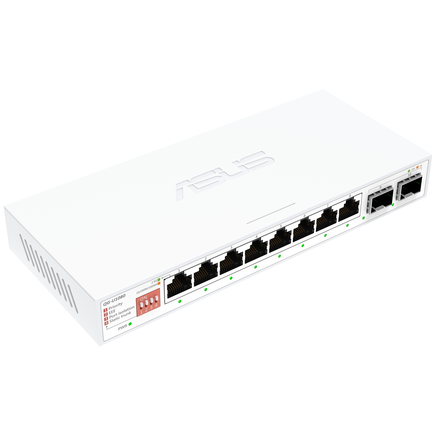White ASUS QG-U1080 10-port network switch with LEDs.