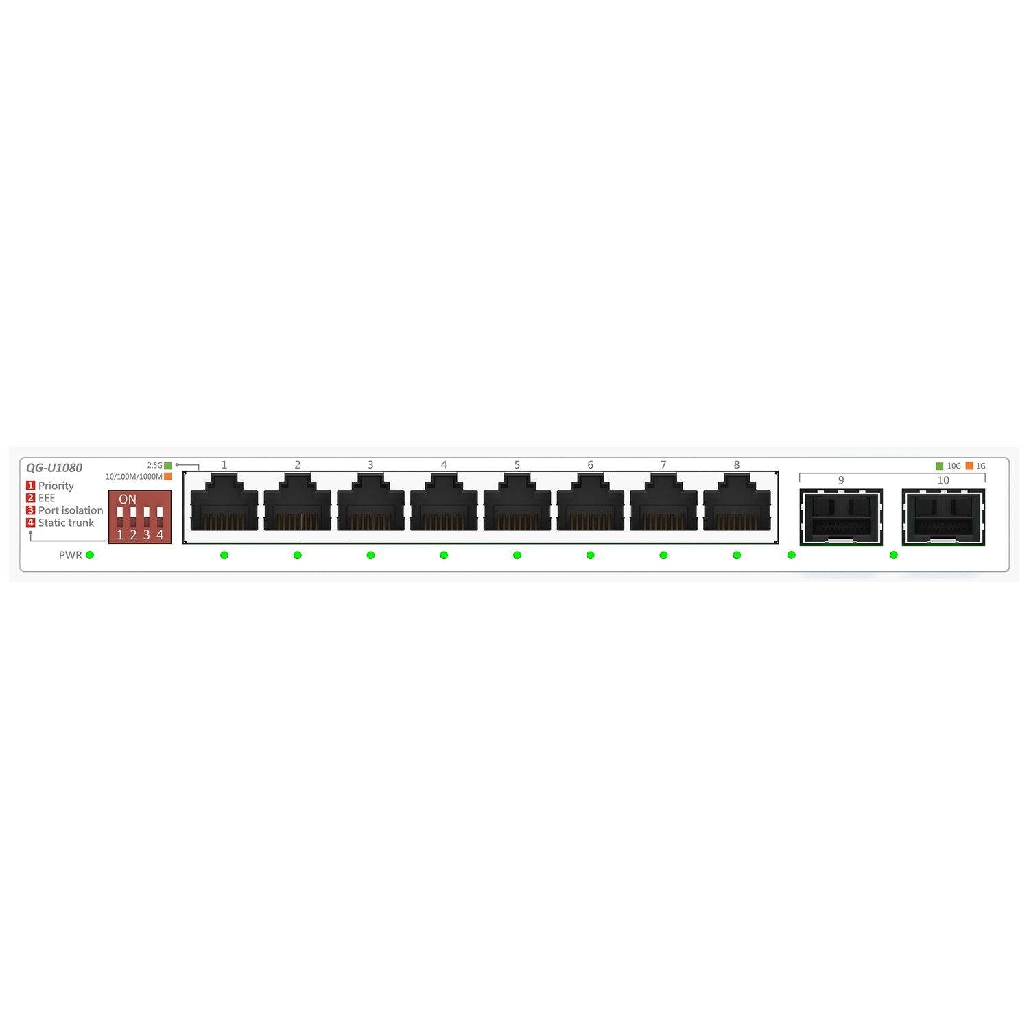 A white network switch, model QG-U1080, featuring 8 Ethernet ports and 2 SFP+ ports on a white background.
