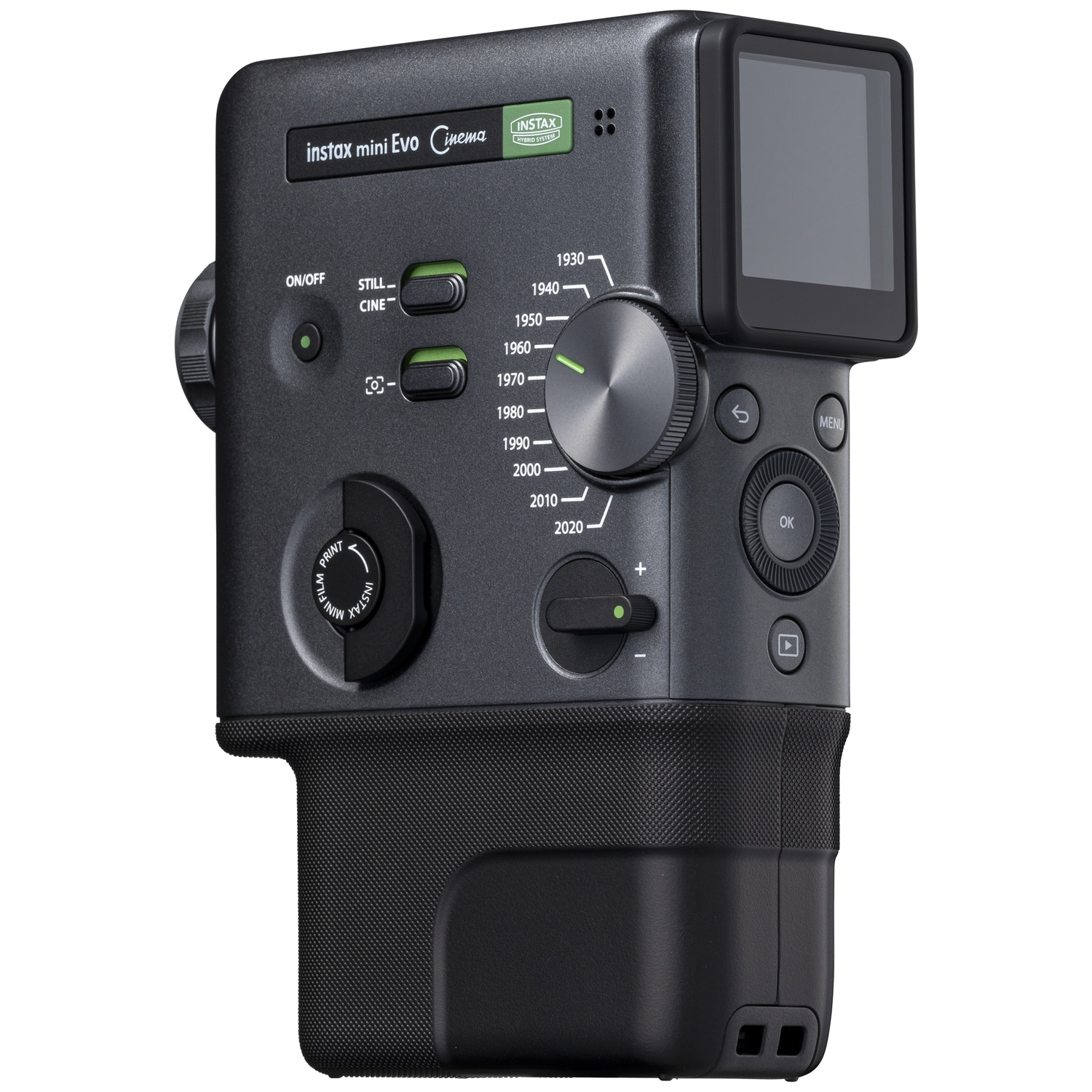 A black Instax Mini Evo hybrid camera with dials and a small screen.