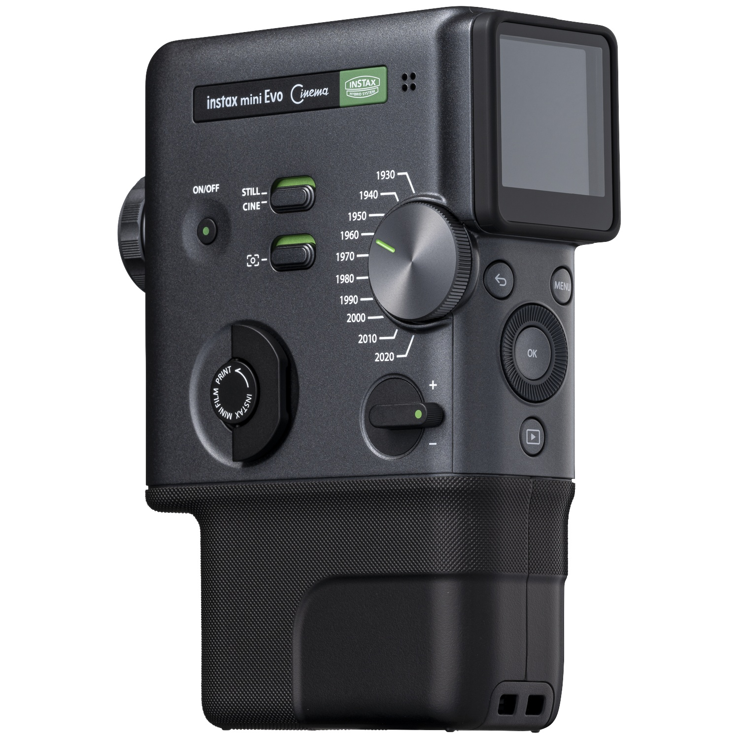 A black Instax Mini Evo camera with dials and a screen.
