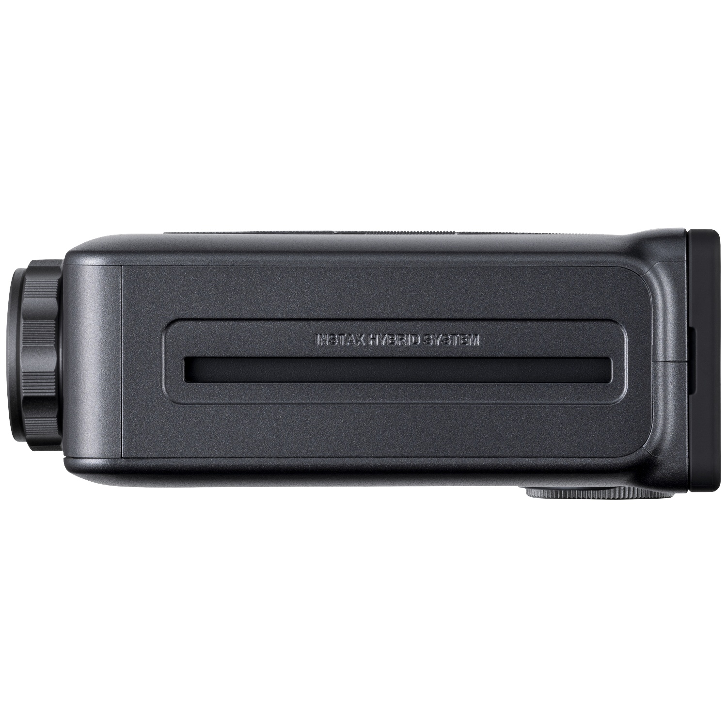 Black printer with power button and paper slot. Instax Hybrid System logo.