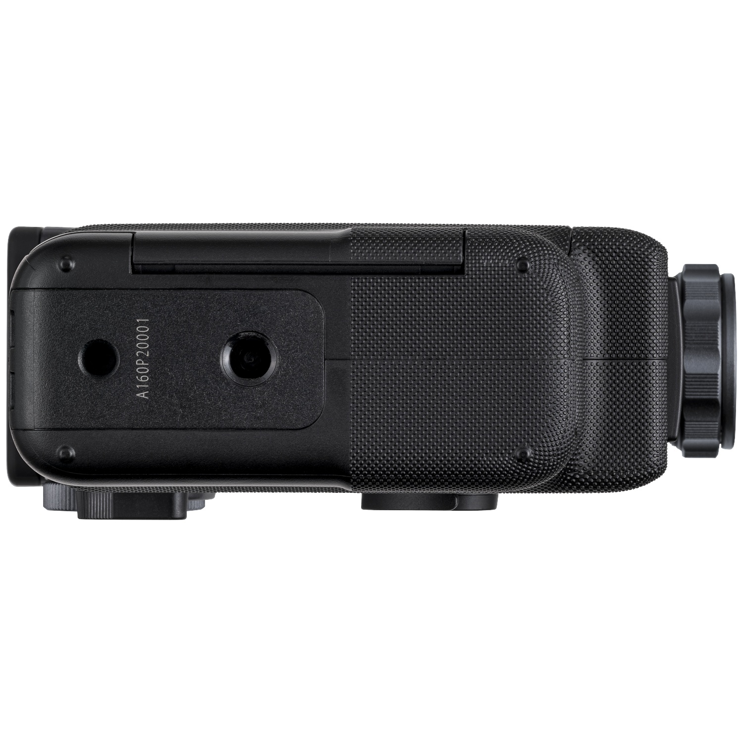 Top view of a black camera flash with knurled screws and text.
