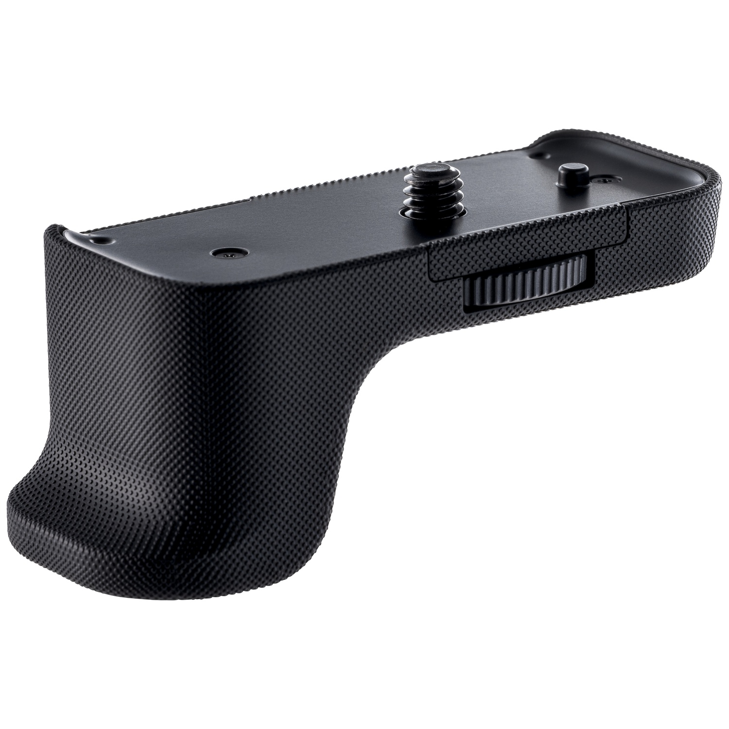 A black camera grip with a textured surface, a mounting screw, and a small dial on a white background.