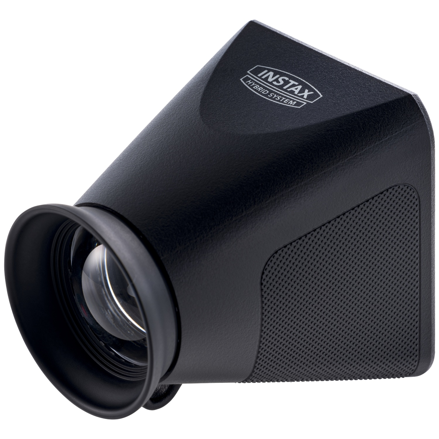 A black Instax Hybrid System viewfinder with lens and texture.
