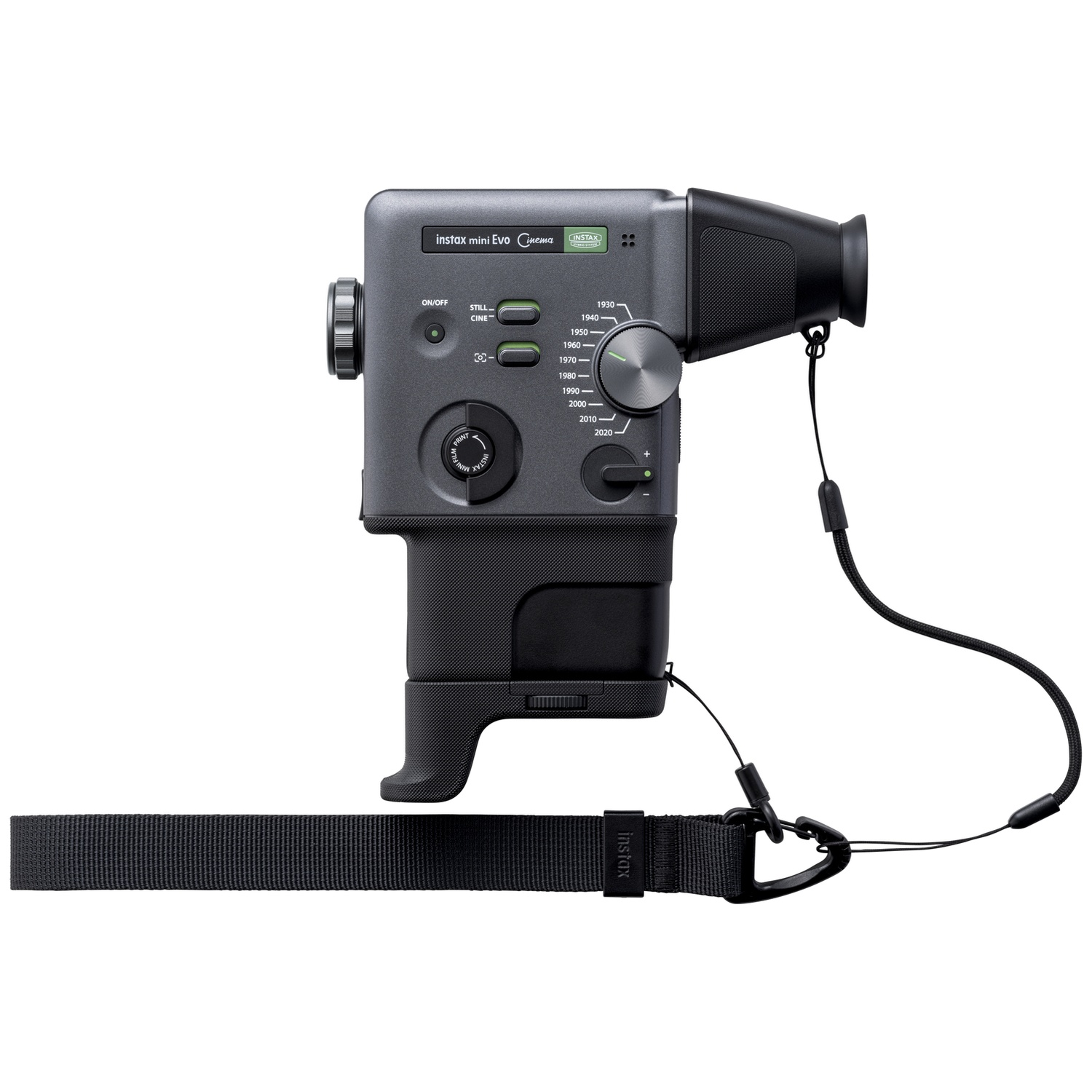 A gray and black Fujifilm Instax Mini Evo camera with a black wrist strap, viewed from the side.