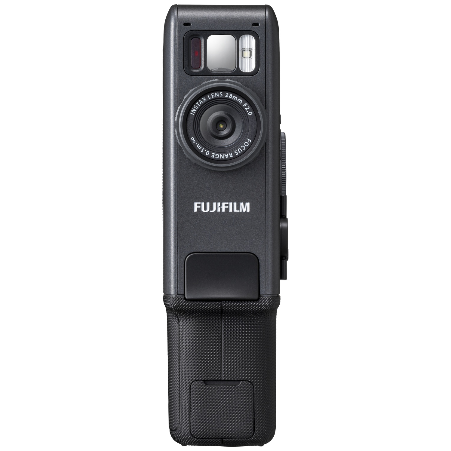 Dark gray camera with lens, flash, and Fujifilm logo, on a white background.