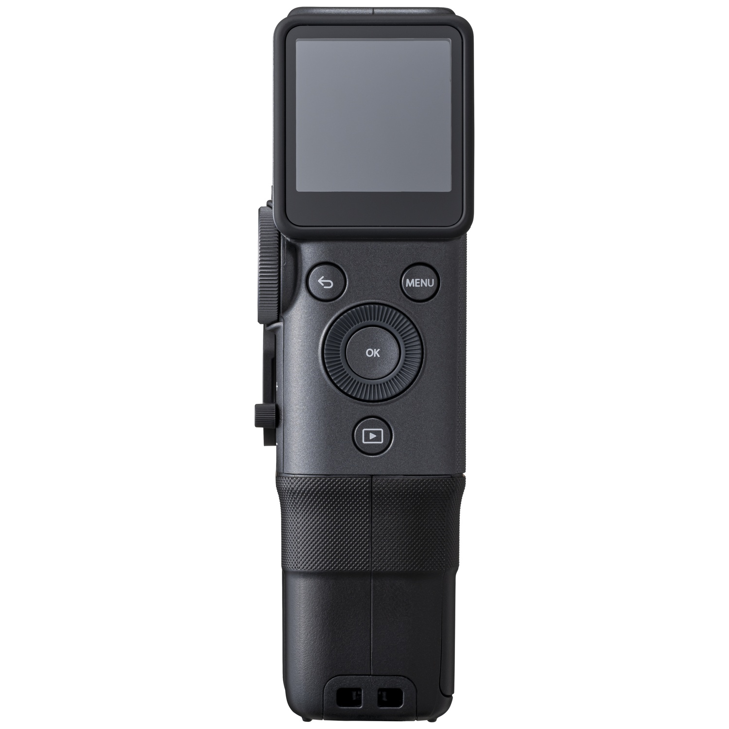 Black gimbal handle with screen, buttons, and a textured grip.