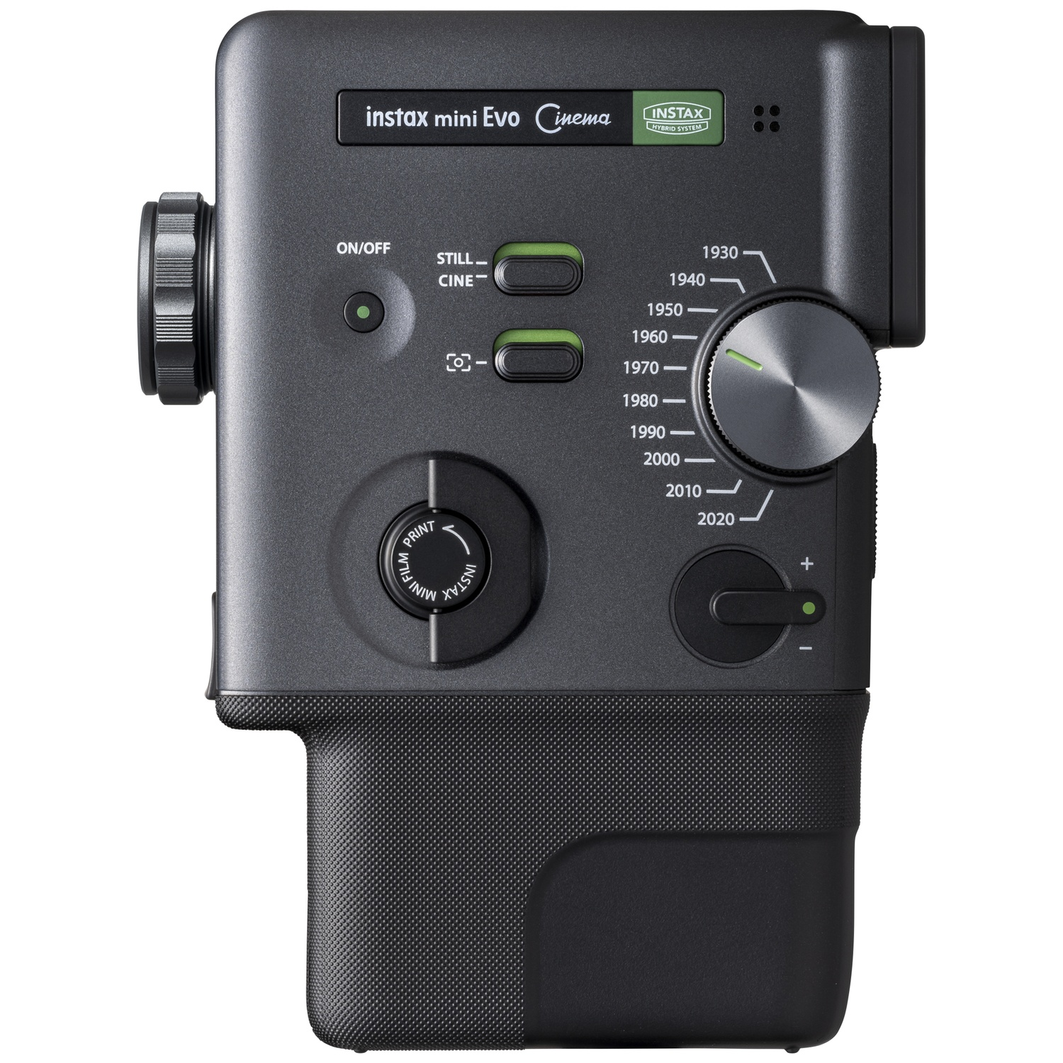 Dark gray Instax Mini Evo camera with a dial and year labels.
