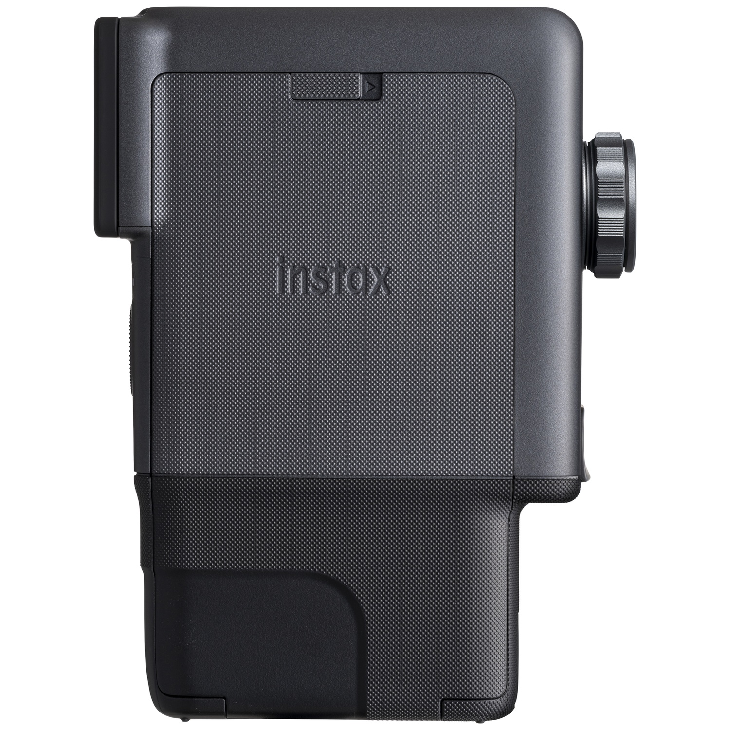 A black Fujifilm Instax Link printer is shown vertically, with a textured surface and the 'instax' logo embossed.