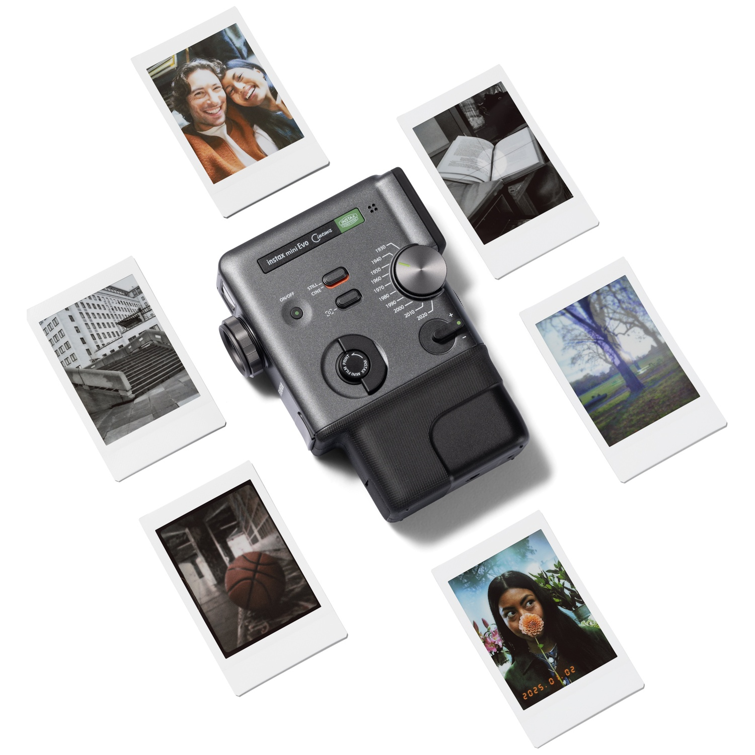 Instax Mini Evo camera surrounded by photos.