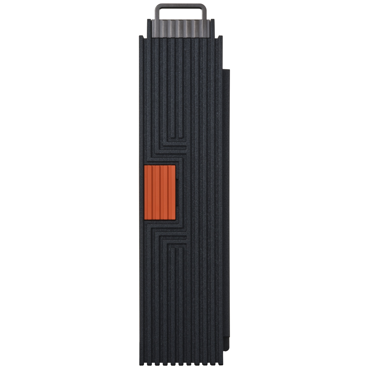 Objet côtelé noir avec bouton orange et poignée métallique sur le dessus.