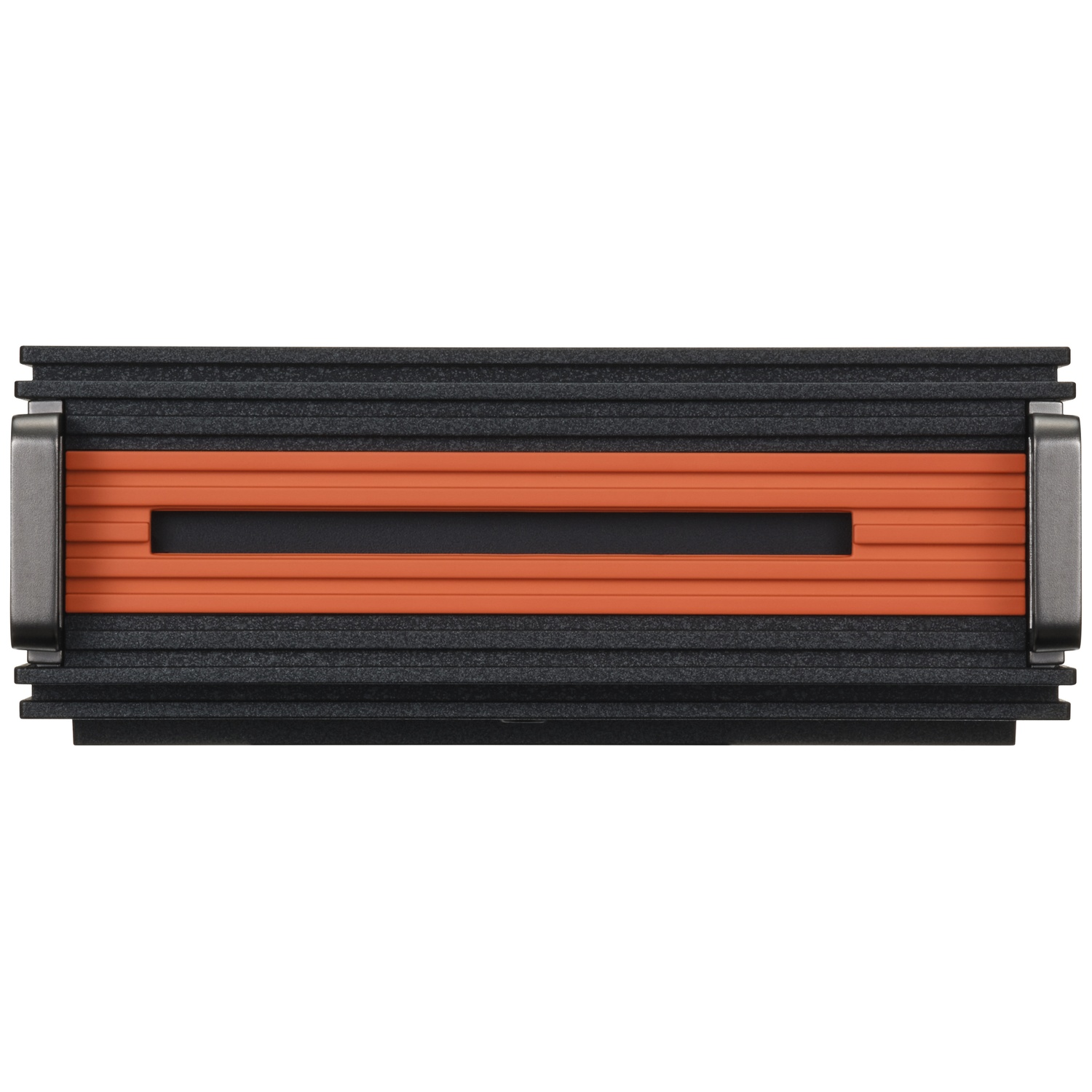 Un appareil noir et orange, peut-être un disque dur externe, avec un corps noir texturé et une bande orange.