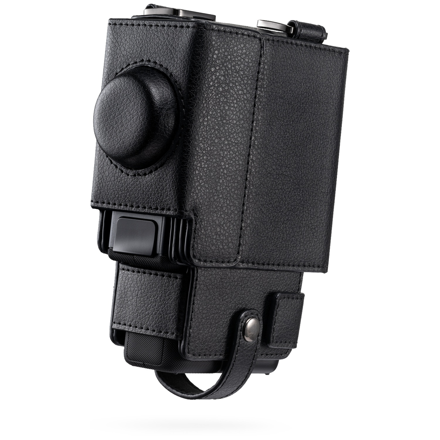 Black leather camera case with lens cover and strap.