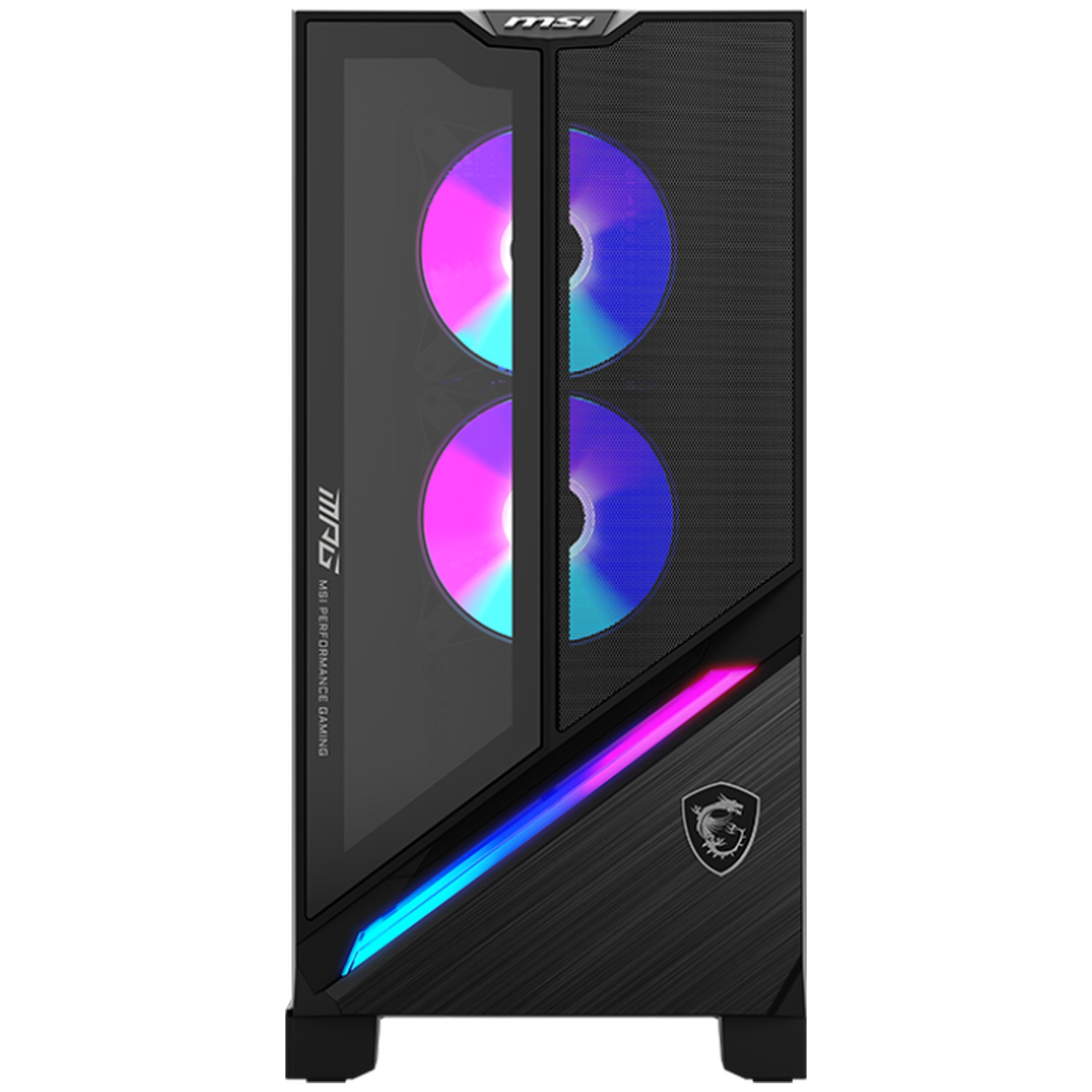 Black PC case with RGB fans and illuminated strip.